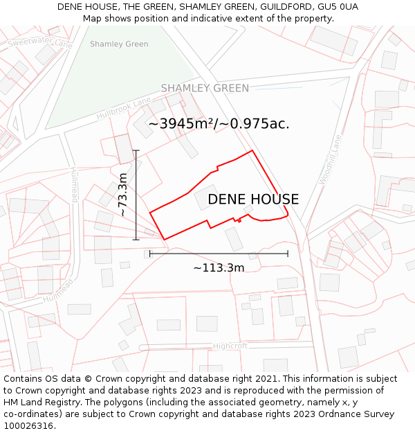 DENE HOUSE, THE GREEN, SHAMLEY GREEN, GUILDFORD, GU5 0UA: Plot and title map