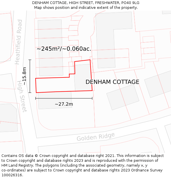 DENHAM COTTAGE, HIGH STREET, FRESHWATER, PO40 9LG: Plot and title map