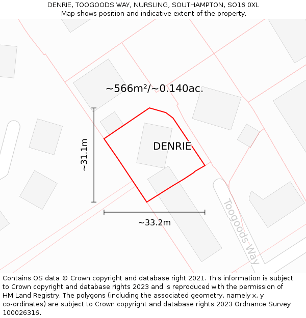 DENRIE, TOOGOODS WAY, NURSLING, SOUTHAMPTON, SO16 0XL: Plot and title map