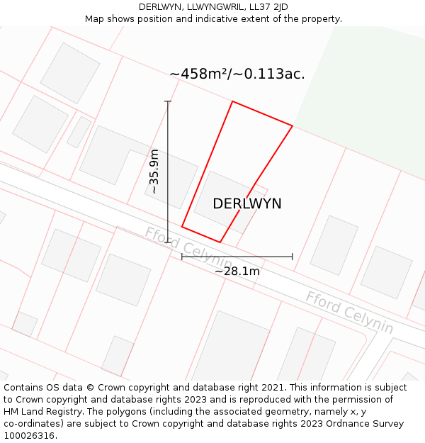 DERLWYN, LLWYNGWRIL, LL37 2JD: Plot and title map