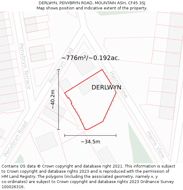 DERLWYN, PENYBRYN ROAD, MOUNTAIN ASH, CF45 3SJ: Plot and title map