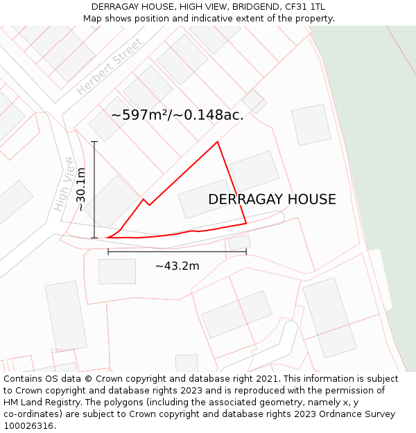 DERRAGAY HOUSE, HIGH VIEW, BRIDGEND, CF31 1TL: Plot and title map
