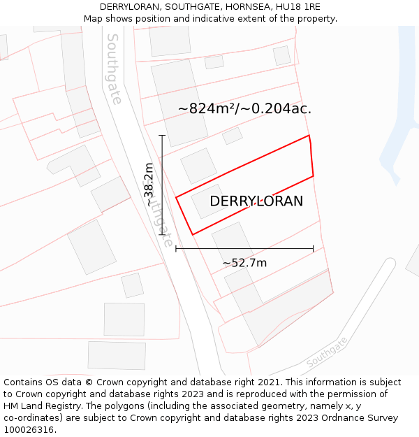 DERRYLORAN, SOUTHGATE, HORNSEA, HU18 1RE: Plot and title map