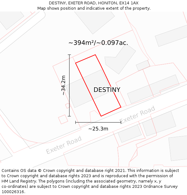 DESTINY, EXETER ROAD, HONITON, EX14 1AX: Plot and title map