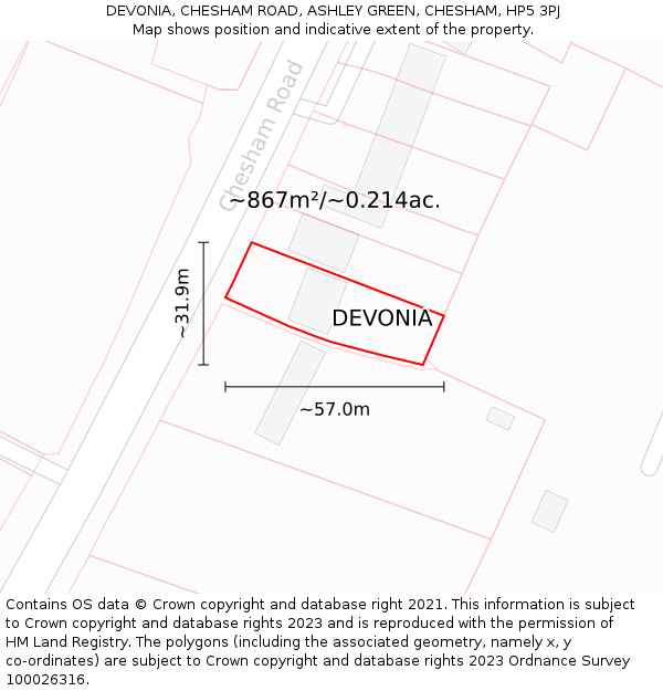 DEVONIA, CHESHAM ROAD, ASHLEY GREEN, CHESHAM, HP5 3PJ: Plot and title map