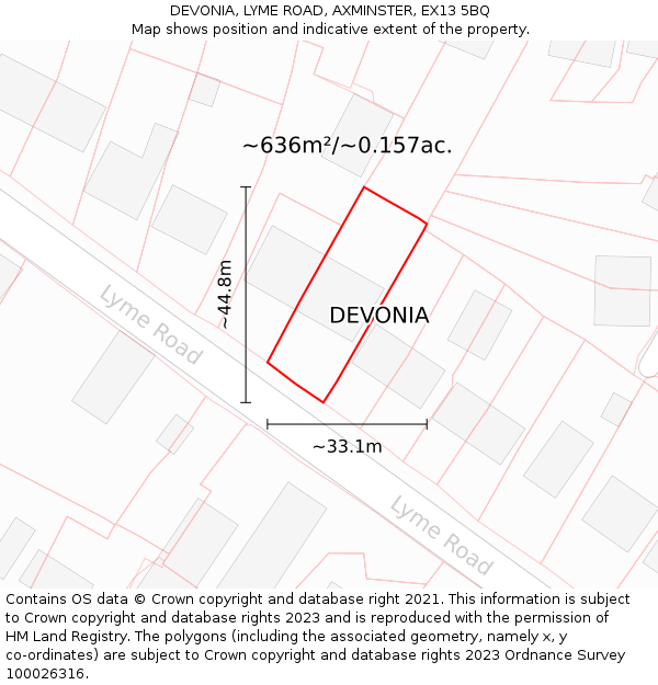 DEVONIA, LYME ROAD, AXMINSTER, EX13 5BQ: Plot and title map