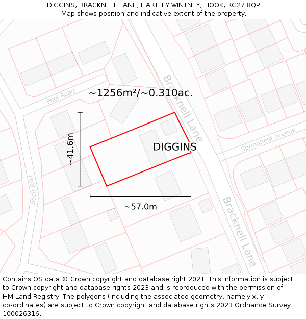 DIGGINS, BRACKNELL LANE, HARTLEY WINTNEY, HOOK, RG27 8QP: Plot and title map