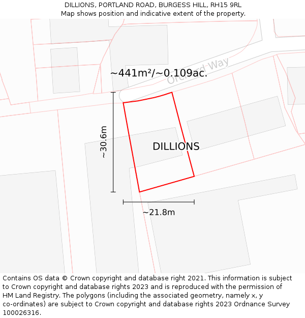 DILLIONS, PORTLAND ROAD, BURGESS HILL, RH15 9RL: Plot and title map
