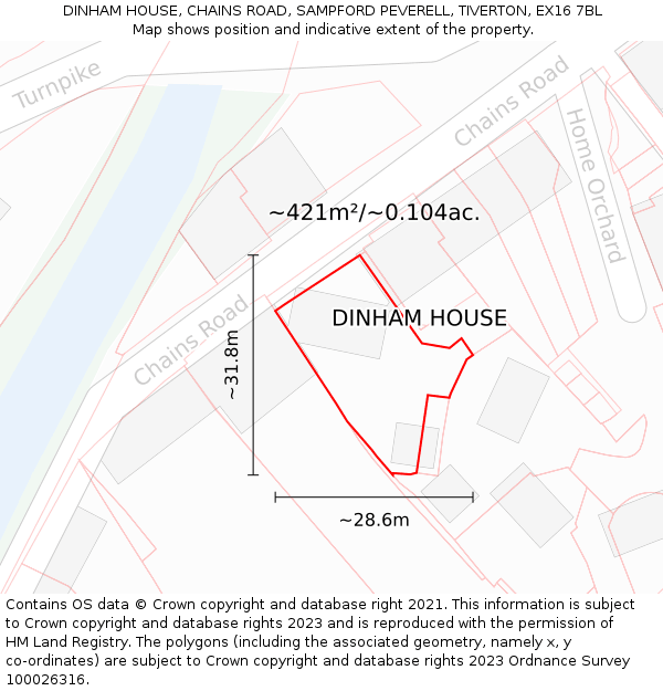 DINHAM HOUSE, CHAINS ROAD, SAMPFORD PEVERELL, TIVERTON, EX16 7BL: Plot and title map
