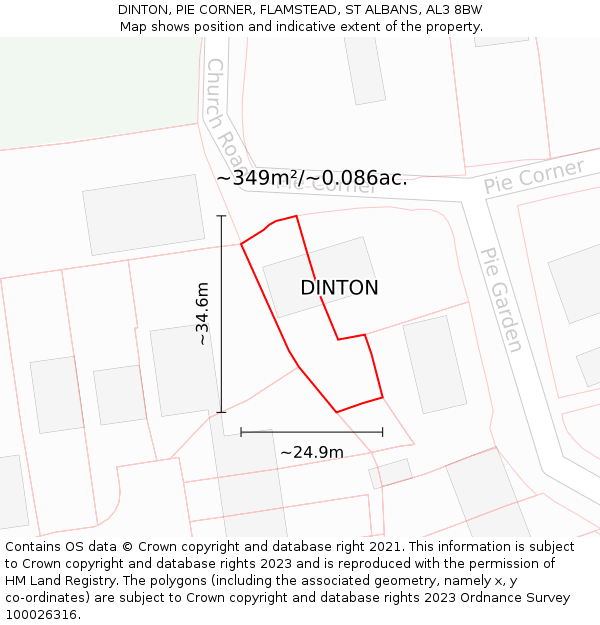 DINTON, PIE CORNER, FLAMSTEAD, ST ALBANS, AL3 8BW: Plot and title map