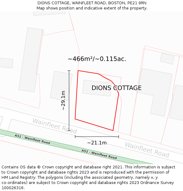 DIONS COTTAGE, WAINFLEET ROAD, BOSTON, PE21 9RN: Plot and title map
