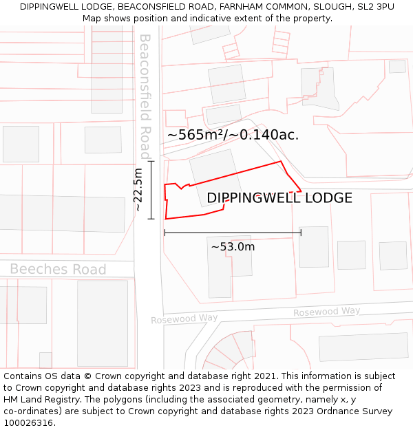 DIPPINGWELL LODGE, BEACONSFIELD ROAD, FARNHAM COMMON, SLOUGH, SL2 3PU: Plot and title map