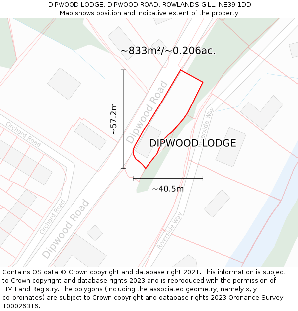 DIPWOOD LODGE, DIPWOOD ROAD, ROWLANDS GILL, NE39 1DD: Plot and title map