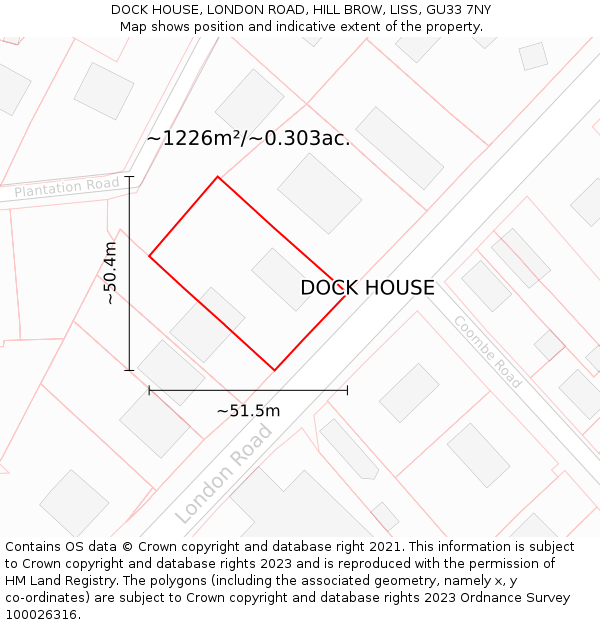 DOCK HOUSE, LONDON ROAD, HILL BROW, LISS, GU33 7NY: Plot and title map