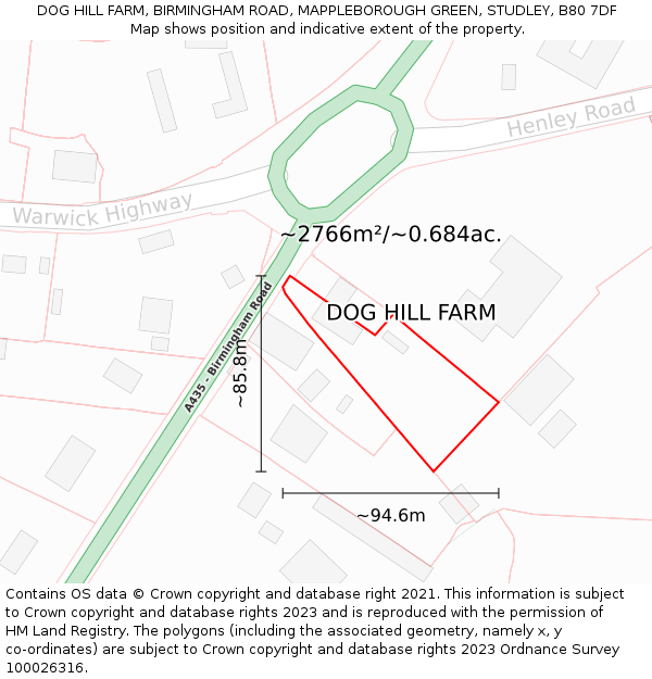 DOG HILL FARM, BIRMINGHAM ROAD, MAPPLEBOROUGH GREEN, STUDLEY, B80 7DF: Plot and title map