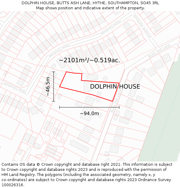 DOLPHIN HOUSE, BUTTS ASH LANE, HYTHE, SOUTHAMPTON, SO45 3RL: Plot and title map