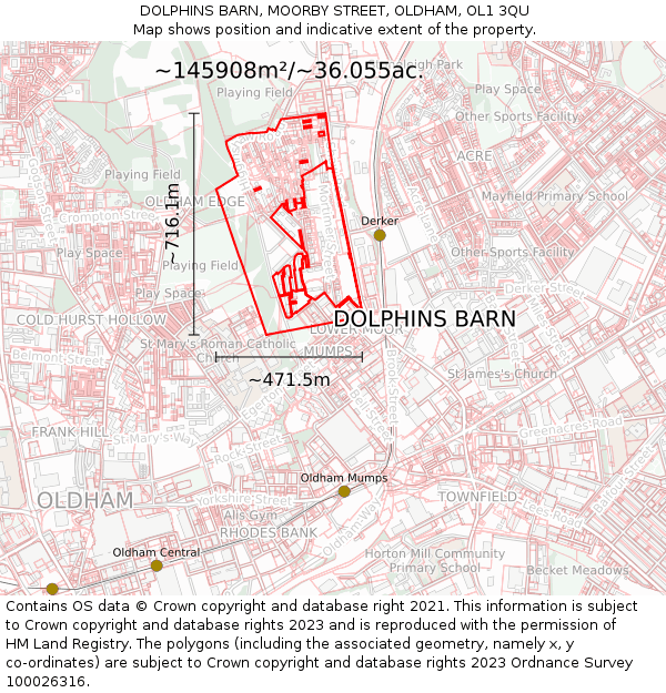 DOLPHINS BARN, MOORBY STREET, OLDHAM, OL1 3QU: Plot and title map