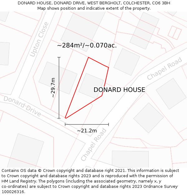 DONARD HOUSE, DONARD DRIVE, WEST BERGHOLT, COLCHESTER, CO6 3BH: Plot and title map