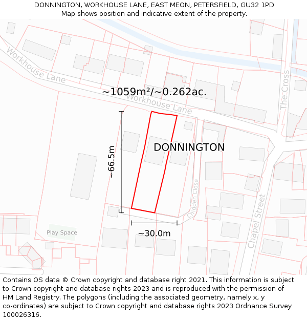 DONNINGTON, WORKHOUSE LANE, EAST MEON, PETERSFIELD, GU32 1PD: Plot and title map