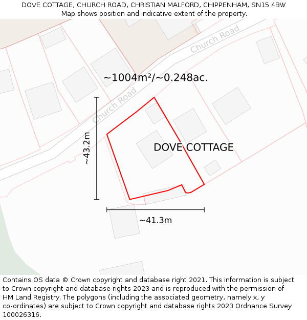 DOVE COTTAGE, CHURCH ROAD, CHRISTIAN MALFORD, CHIPPENHAM, SN15 4BW: Plot and title map
