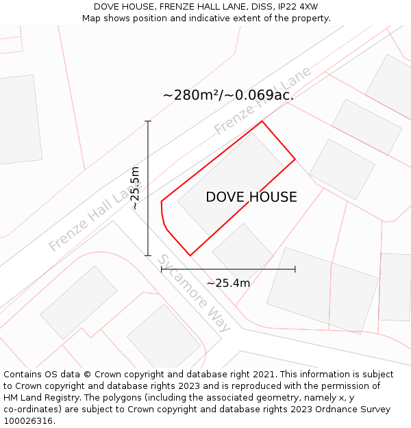 DOVE HOUSE, FRENZE HALL LANE, DISS, IP22 4XW: Plot and title map