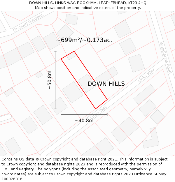 DOWN HILLS, LINKS WAY, BOOKHAM, LEATHERHEAD, KT23 4HQ: Plot and title map