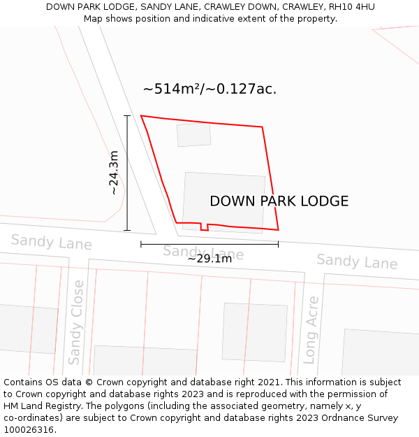 DOWN PARK LODGE, SANDY LANE, CRAWLEY DOWN, CRAWLEY, RH10 4HU: Plot and title map