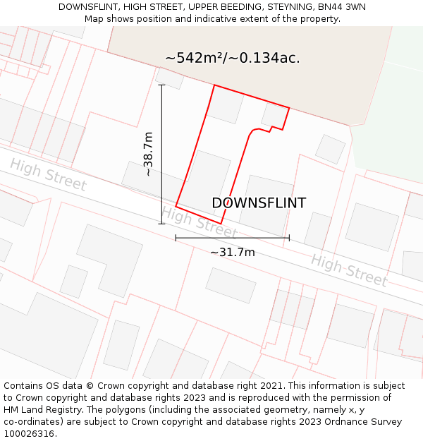 DOWNSFLINT, HIGH STREET, UPPER BEEDING, STEYNING, BN44 3WN: Plot and title map