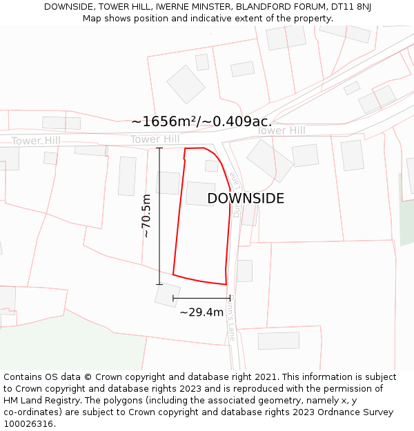 DOWNSIDE, TOWER HILL, IWERNE MINSTER, BLANDFORD FORUM, DT11 8NJ: Plot and title map