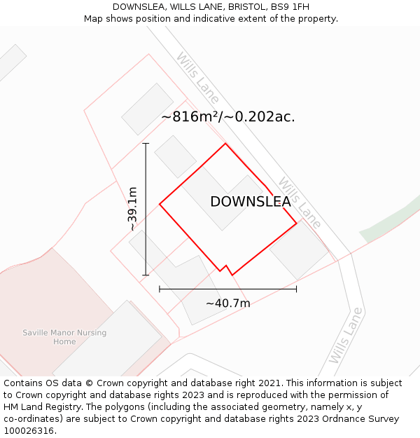 DOWNSLEA, WILLS LANE, BRISTOL, BS9 1FH: Plot and title map