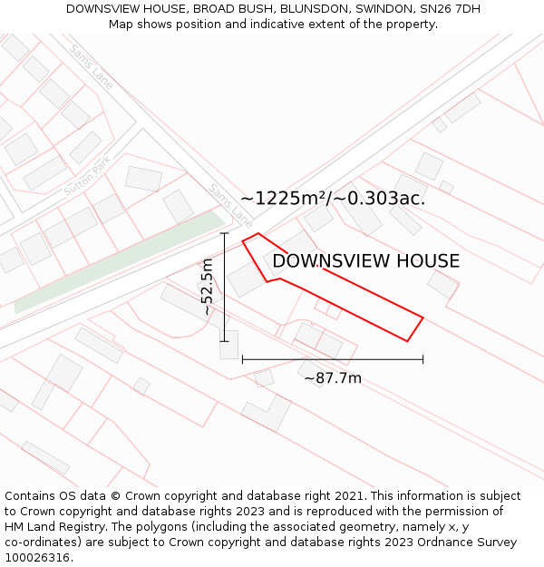 DOWNSVIEW HOUSE, BROAD BUSH, BLUNSDON, SWINDON, SN26 7DH: Plot and title map