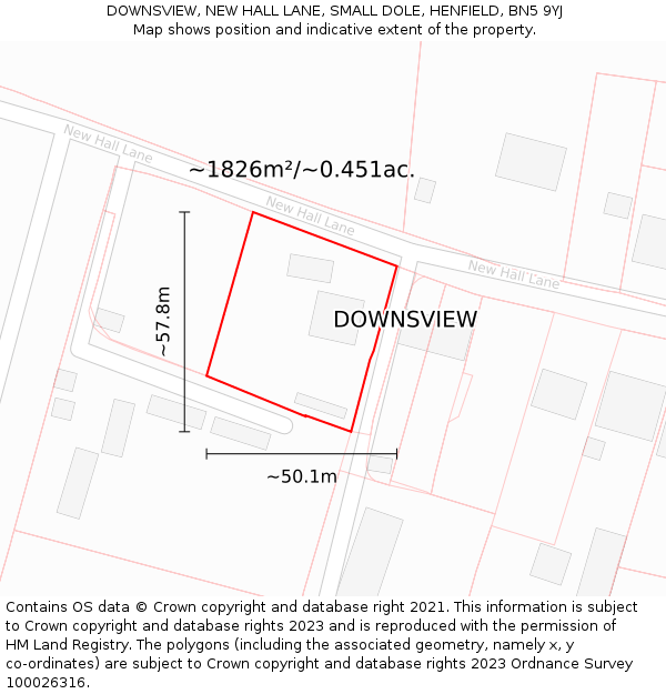 DOWNSVIEW, NEW HALL LANE, SMALL DOLE, HENFIELD, BN5 9YJ: Plot and title map