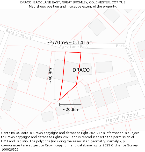 DRACO, BACK LANE EAST, GREAT BROMLEY, COLCHESTER, CO7 7UE: Plot and title map
