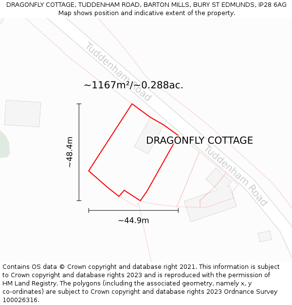 DRAGONFLY COTTAGE, TUDDENHAM ROAD, BARTON MILLS, BURY ST EDMUNDS, IP28 6AG: Plot and title map