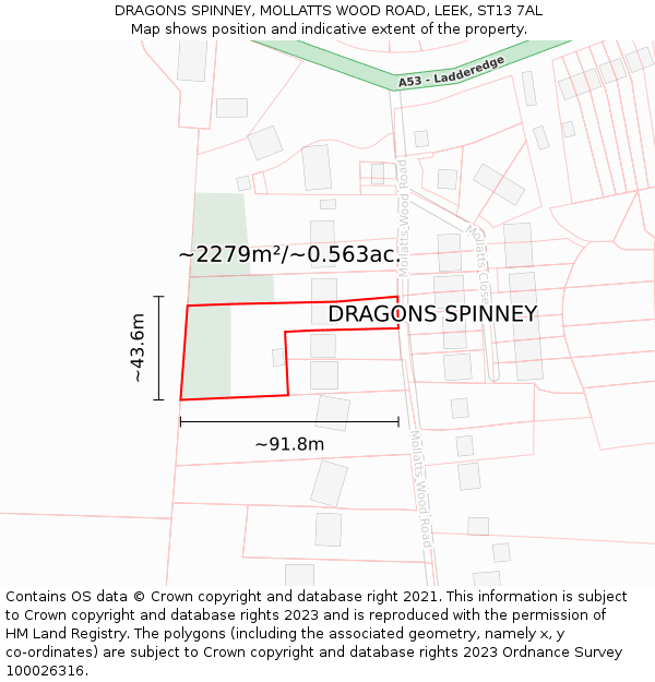 DRAGONS SPINNEY, MOLLATTS WOOD ROAD, LEEK, ST13 7AL: Plot and title map