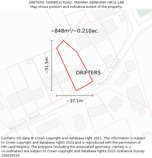 DRIFTERS, NORWICH ROAD, YAXHAM, DEREHAM, NR19 1AB: Plot and title map