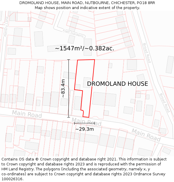 DROMOLAND HOUSE, MAIN ROAD, NUTBOURNE, CHICHESTER, PO18 8RR: Plot and title map
