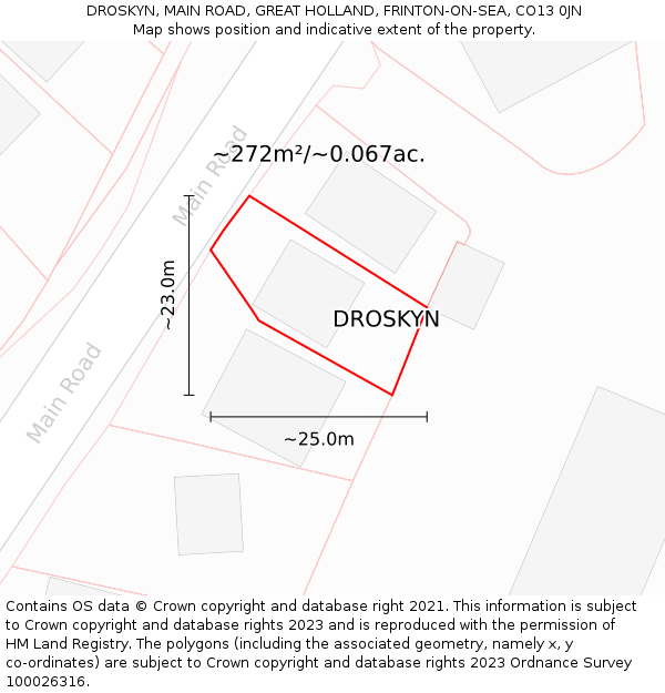 DROSKYN, MAIN ROAD, GREAT HOLLAND, FRINTON-ON-SEA, CO13 0JN: Plot and title map