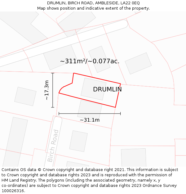 DRUMLIN, BIRCH ROAD, AMBLESIDE, LA22 0EQ: Plot and title map