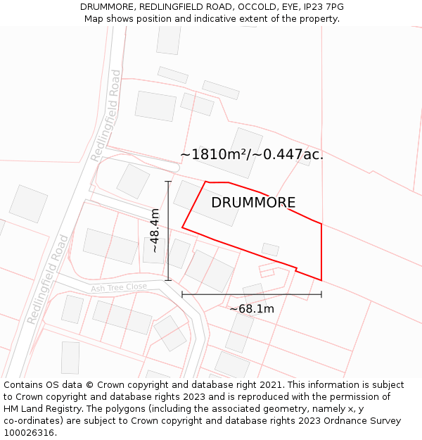 DRUMMORE, REDLINGFIELD ROAD, OCCOLD, EYE, IP23 7PG: Plot and title map