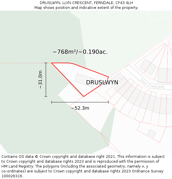 DRUSLWYN, LLYN CRESCENT, FERNDALE, CF43 4LH: Plot and title map