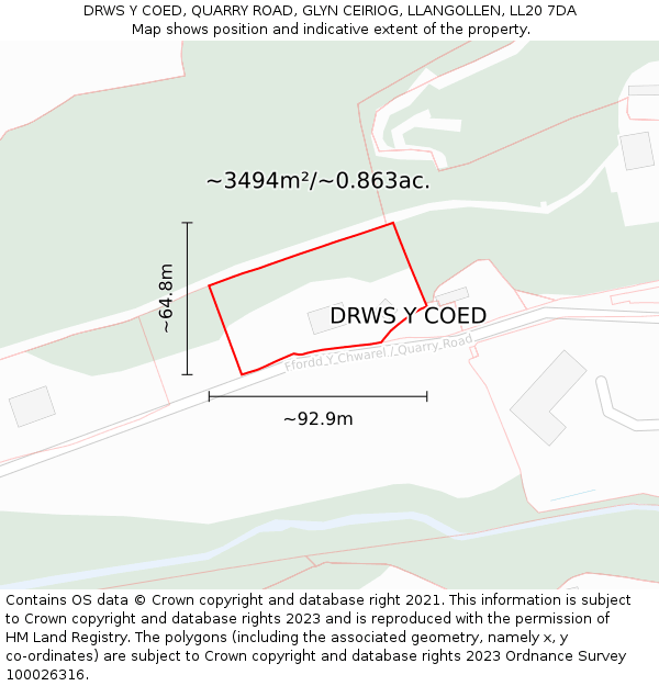 DRWS Y COED, QUARRY ROAD, GLYN CEIRIOG, LLANGOLLEN, LL20 7DA: Plot and title map