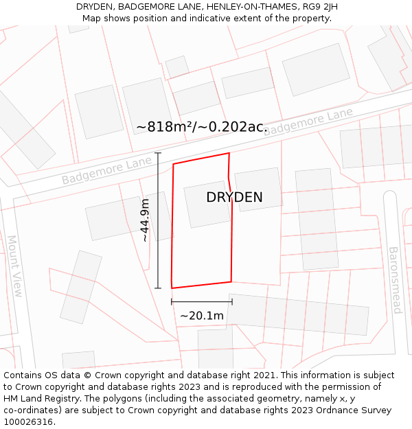 DRYDEN, BADGEMORE LANE, HENLEY-ON-THAMES, RG9 2JH: Plot and title map