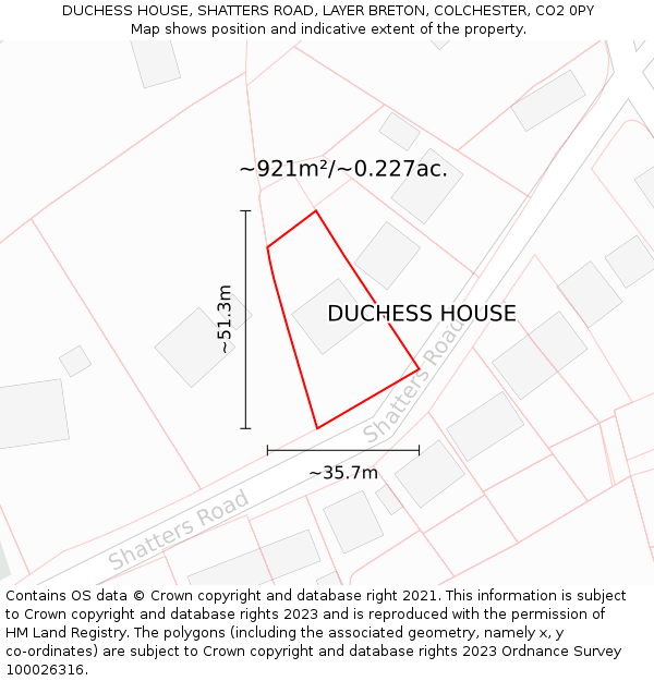 DUCHESS HOUSE, SHATTERS ROAD, LAYER BRETON, COLCHESTER, CO2 0PY: Plot and title map