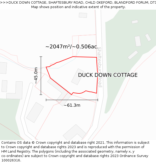 DUCK DOWN COTTAGE, SHAFTESBURY ROAD, CHILD OKEFORD, BLANDFORD FORUM, DT11 8EQ: Plot and title map