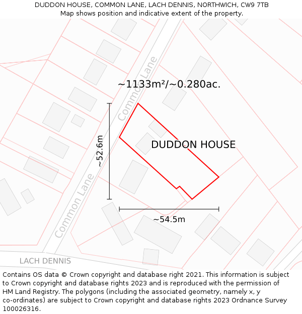 DUDDON HOUSE, COMMON LANE, LACH DENNIS, NORTHWICH, CW9 7TB: Plot and title map