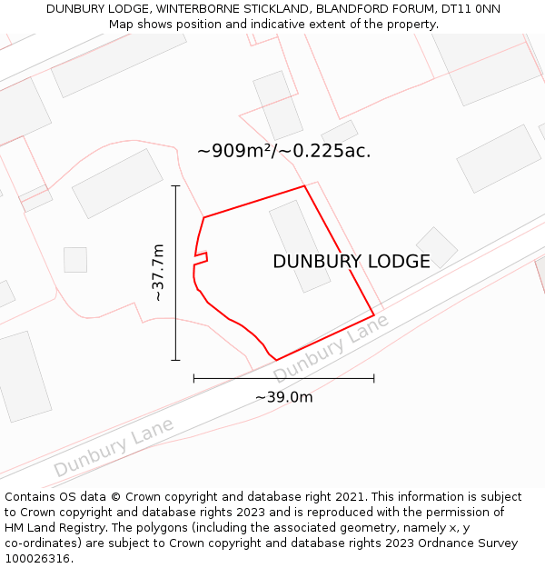 DUNBURY LODGE, WINTERBORNE STICKLAND, BLANDFORD FORUM, DT11 0NN: Plot and title map