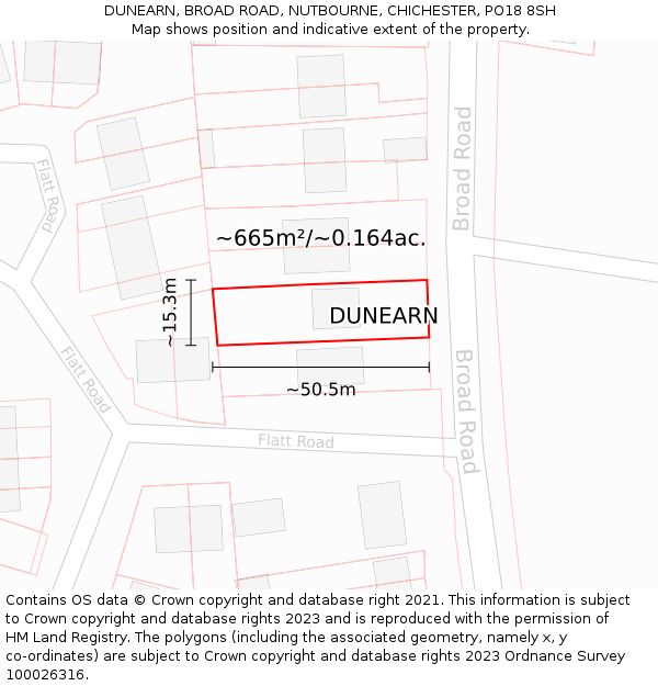 DUNEARN, BROAD ROAD, NUTBOURNE, CHICHESTER, PO18 8SH: Plot and title map