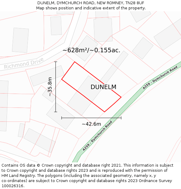 DUNELM, DYMCHURCH ROAD, NEW ROMNEY, TN28 8UF: Plot and title map