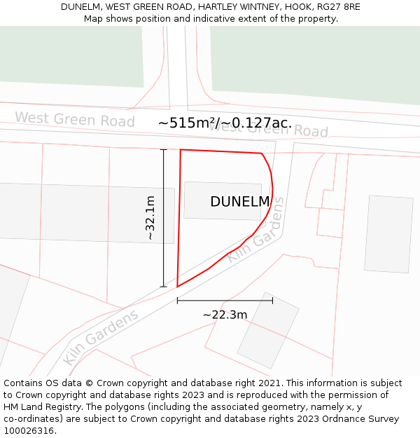 DUNELM, WEST GREEN ROAD, HARTLEY WINTNEY, HOOK, RG27 8RE: Plot and title map